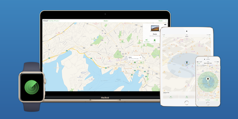 Mac, iPhone, iPad and Apple Watch devices with Find My display on